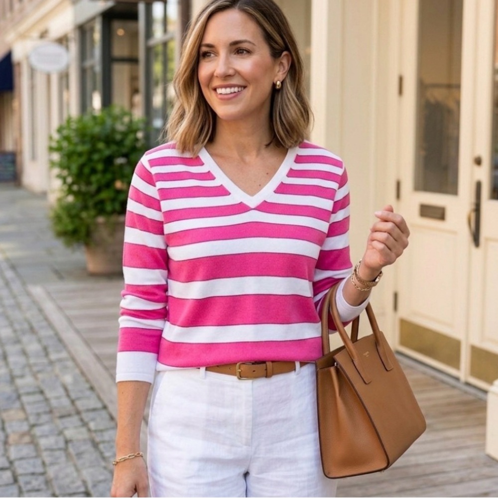Tehama Nancy Haley Pink & White Striped V-Neck Sweater Women's Sz Medium Coastal